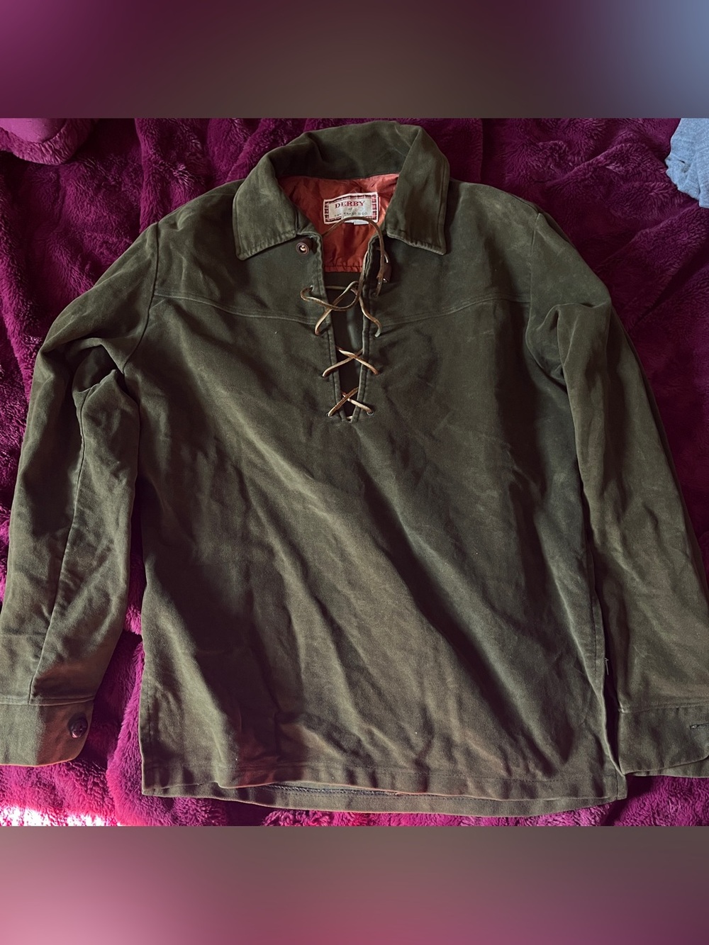 Men’s Vintage Green Suede Lace-Up Long Sleeve Pullover Shirt